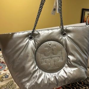 Ella Metallic Puffy Chain Tote Silver